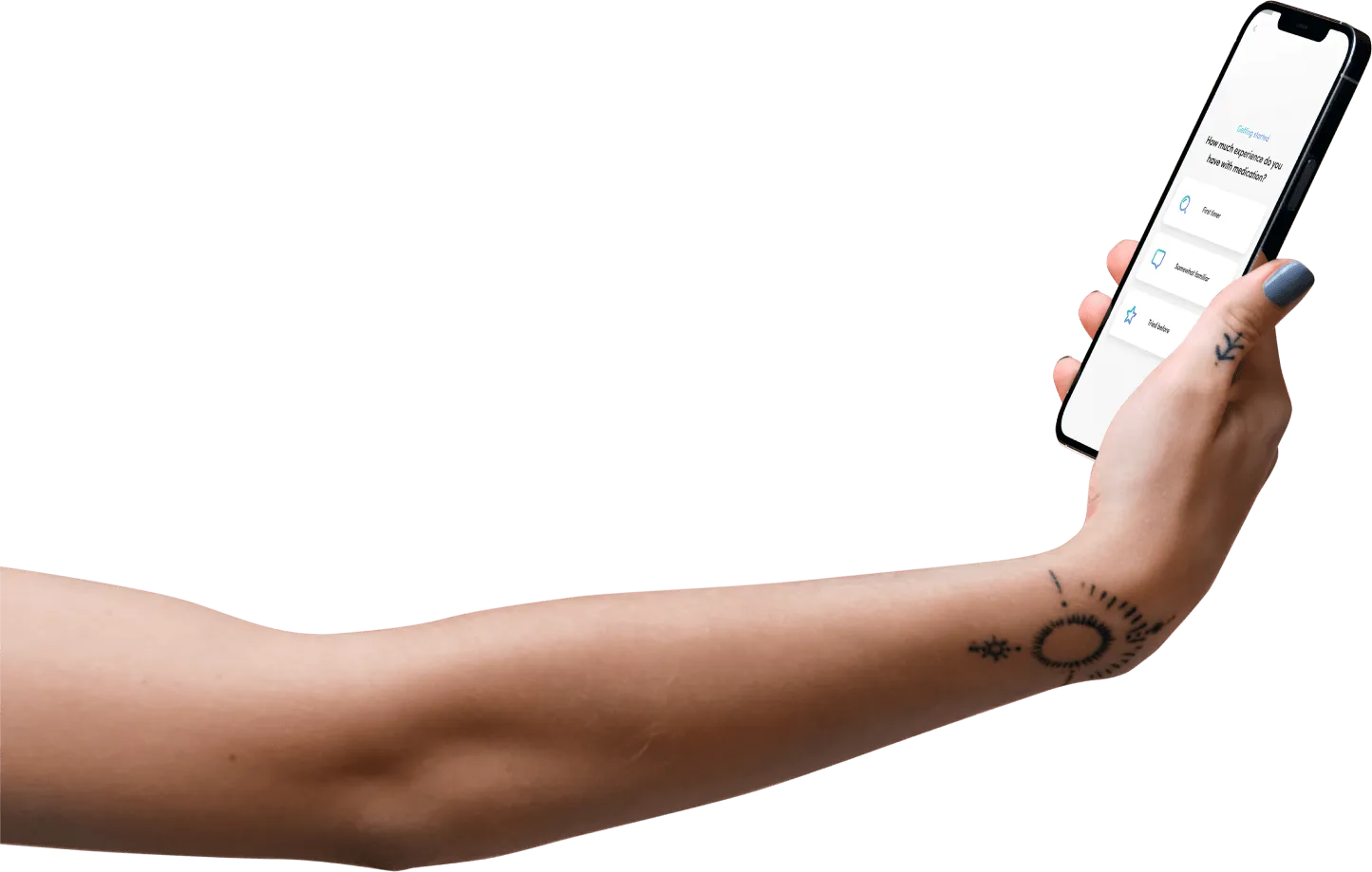 Patient hand holding a phone with the mental health intake form