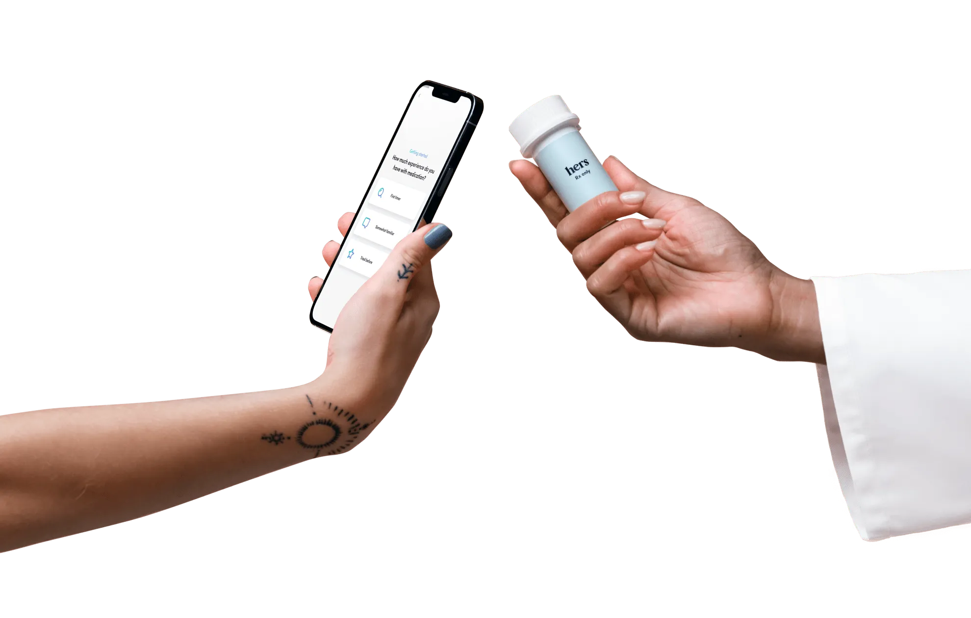 Patient hand holding a phone and provider hand hold a pill vial